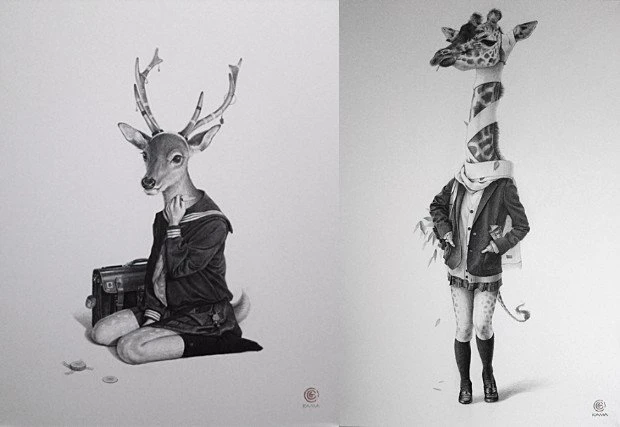 左「鹿女子（Deer girl）」、右「麒麟女子（Giraffe girl）」／画像は全て<a href="http://combine-art.com/html/blog/kama/blog.php">制作人･釜　匠のワクワク日記</a>より
