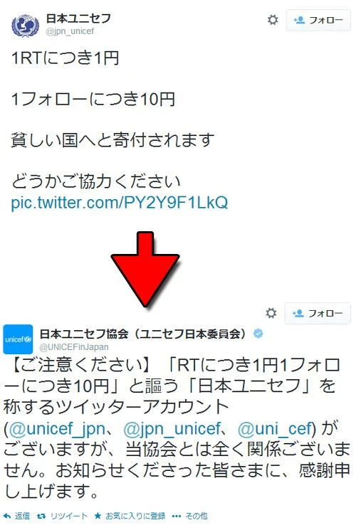 日本ユニセフを騙るニセTwitterが登場　「RTにつき1円1フォローにつき10円」とつぶやく