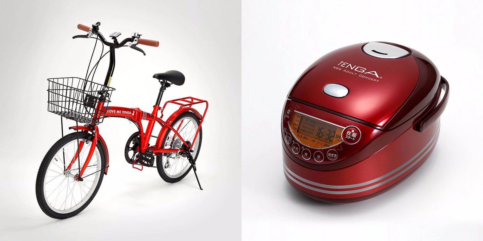 （左）A賞「TENGA特製ロゴ入り折りたたみ自転車」／（右）B賞「TENGA特製ロゴ入り炊飯器」