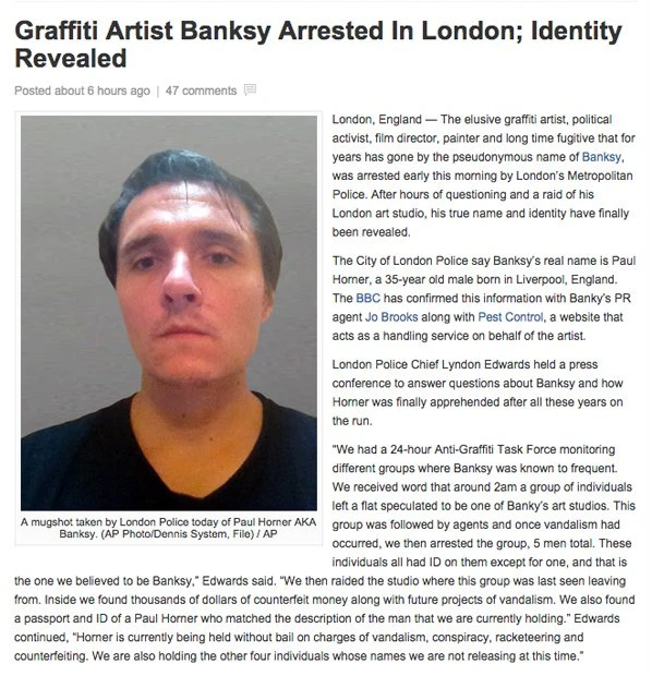 「バンクシー逮捕、実名と顔写真公開」 ネタニュースにネット上が一時騒然