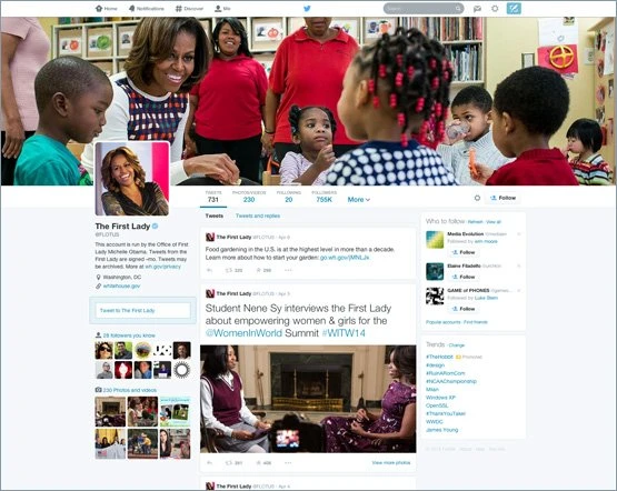 新しいUIがすでに採用されている、ミシェル・オバマさん（米大統領夫人）のTwitter