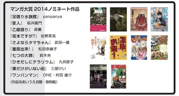 マンガ大賞2014ノミネート作品決定　「坂本ですが？」や「ワンパンマン」など話題の10作品