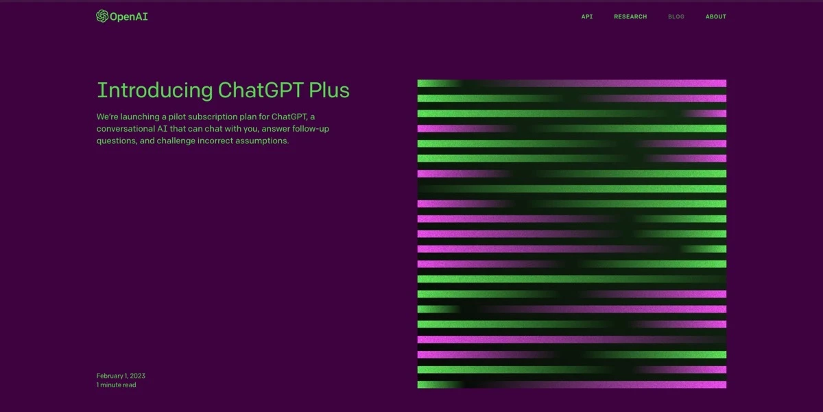OpenAIが発表した記事「Introducing ChatGPT Plus」／画像は<a href="https://openai.com/blog/chatgpt-plus/" target="_blank">OpenAI公式サイト</a>のスクリーンショット