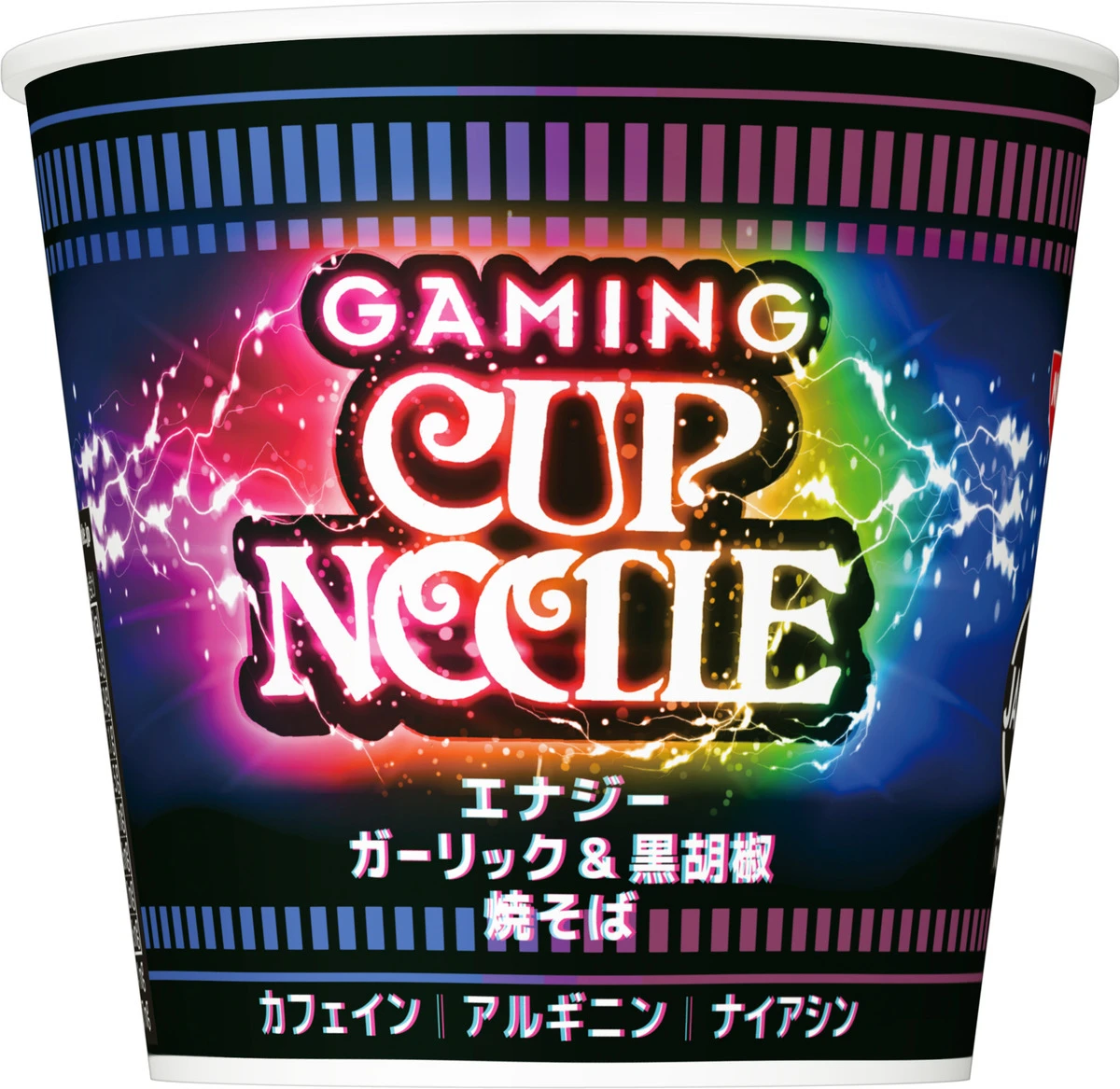 新商品の「ゲーミングカップヌードル」。汁気のない焼きそばでゲームの合間に食べやすい。