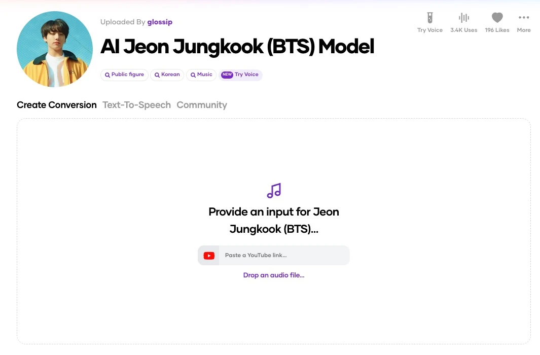 AI Jeon Jungkook(BTS) Model／画像は「Voicify.Ai」のスクリーンショット