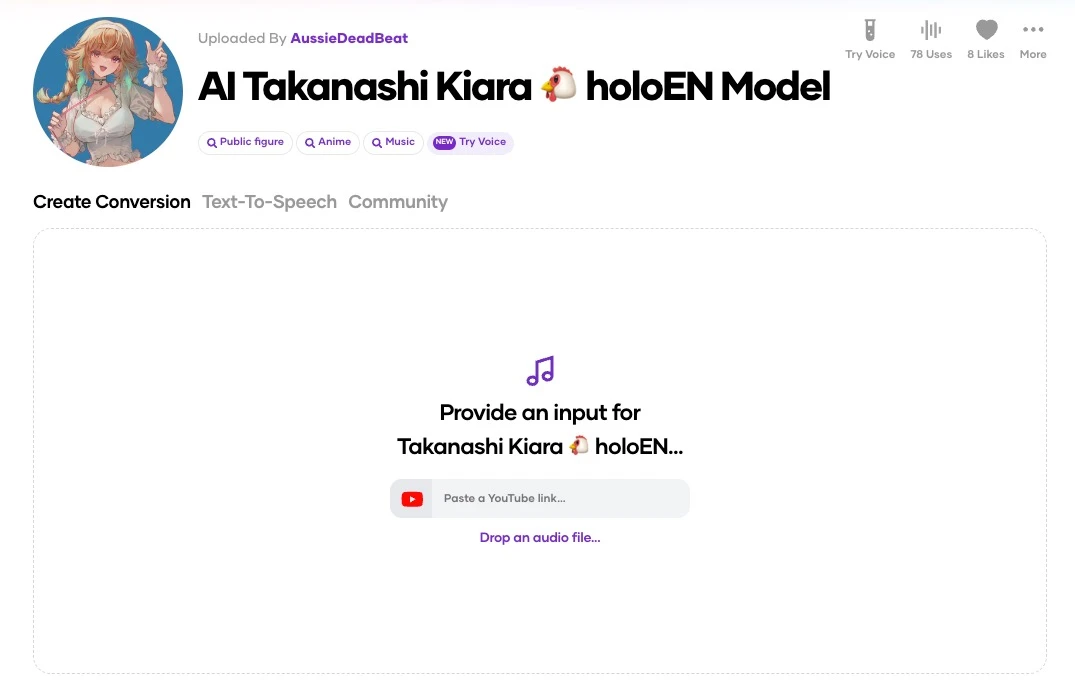 AI Takanashi Kiara holoEN Model／画像は「Voicify.Ai」のスクリーンショット