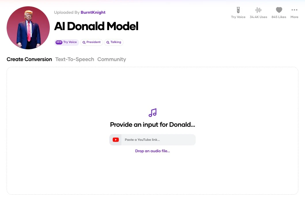 AI Donald Model／画像は「Voicify.Ai」のスクリーンショット