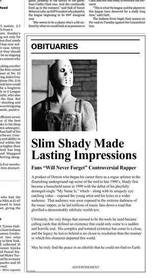 Detroit Free Pressに掲載されたSlim Shady（スリム・シェイディ）の死亡記事