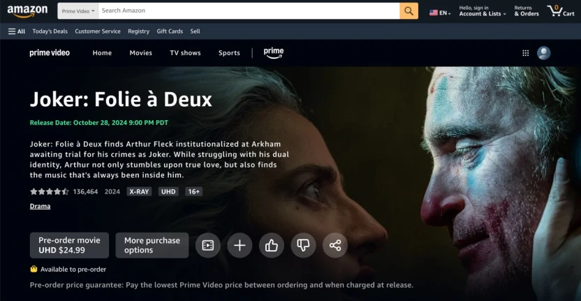 米Prime Videoの『ジョーカー：フォリ・ア・ドゥ』配信ページ／画像はAmazonから